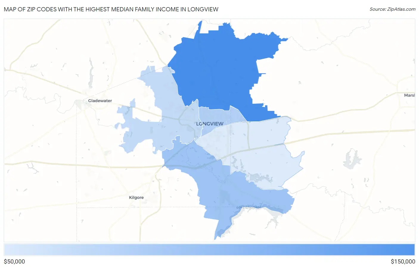 Zip Codes with the Highest Median Family Income in Longview Map
