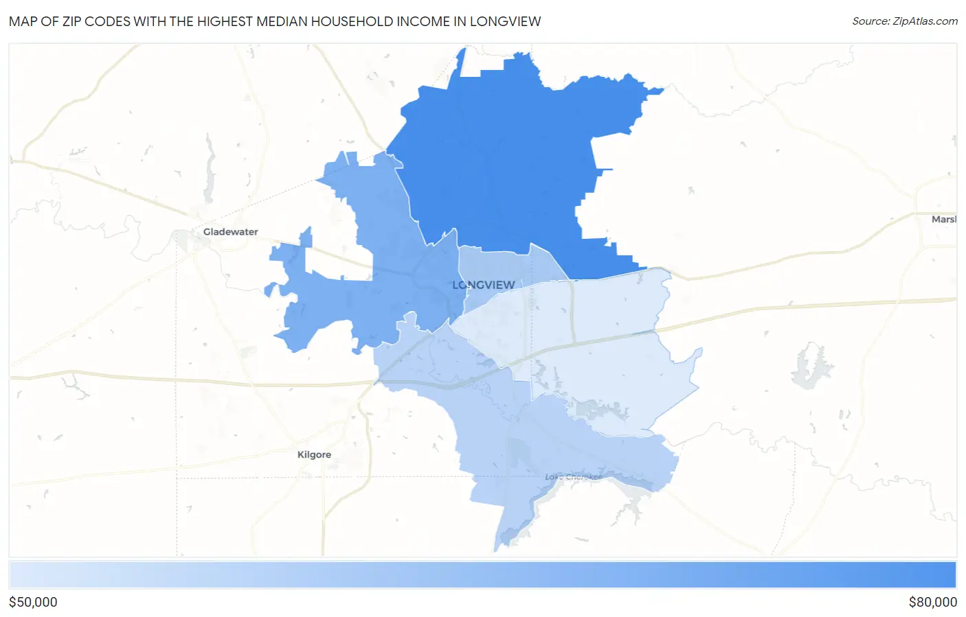 Zip Codes with the Highest Median Household Income in Longview Map