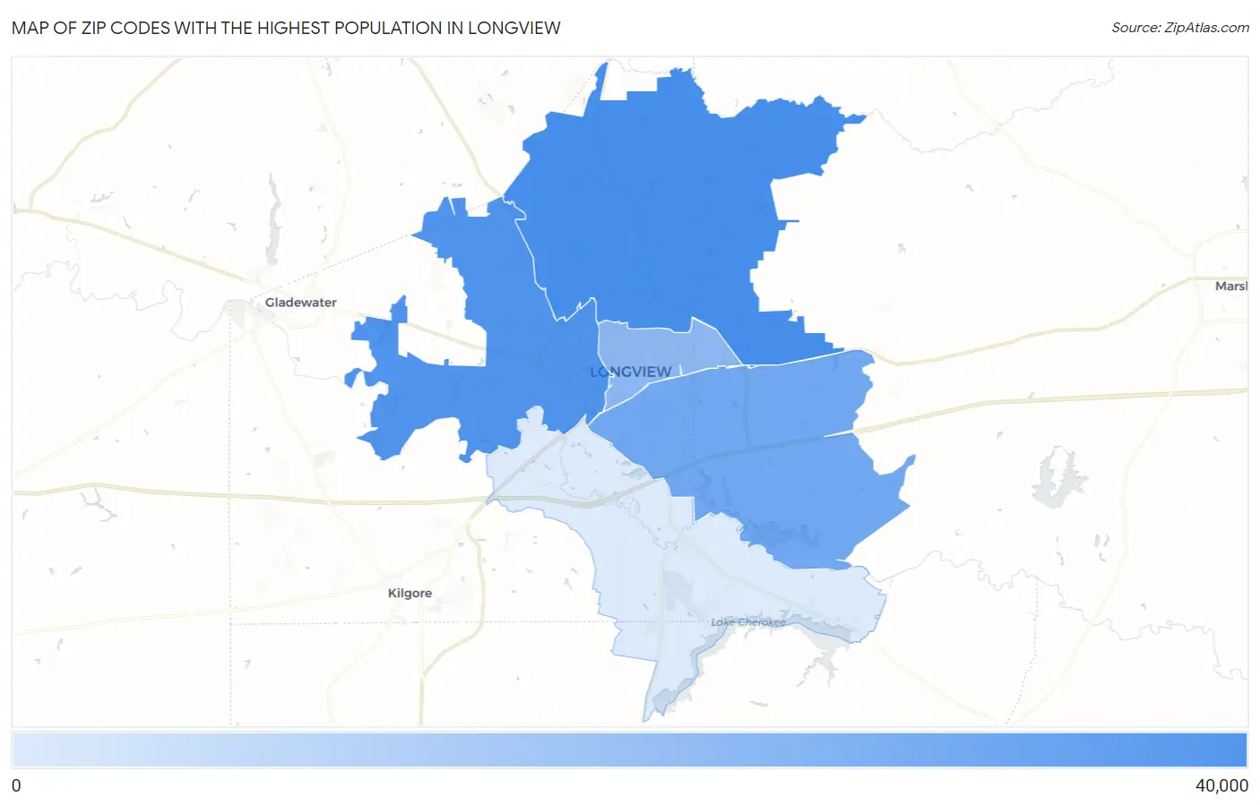 Zip Codes with the Highest Population in Longview Map