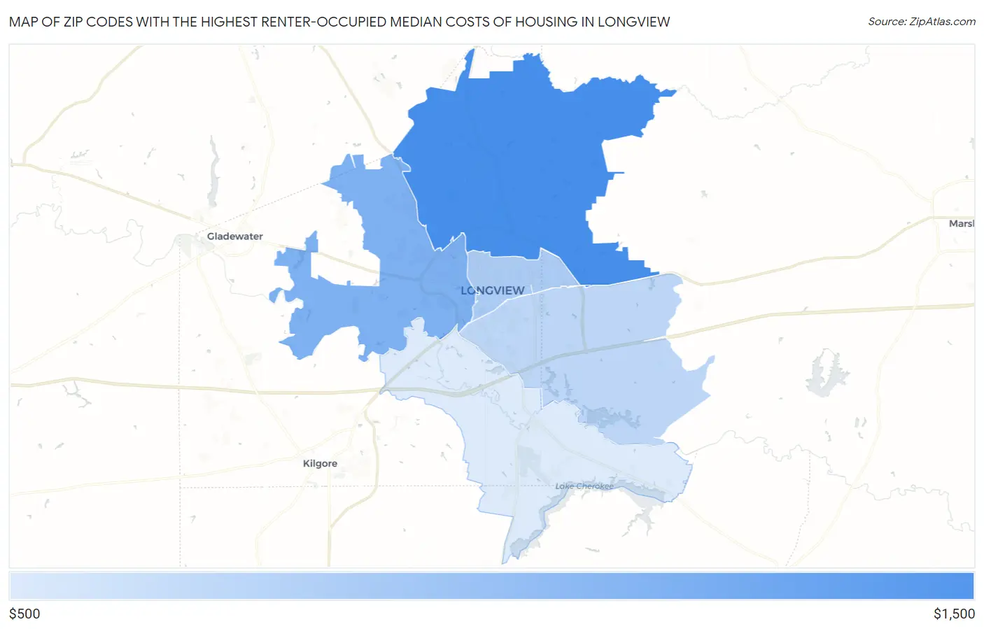 Zip Codes with the Highest Renter-Occupied Median Costs of Housing in Longview Map