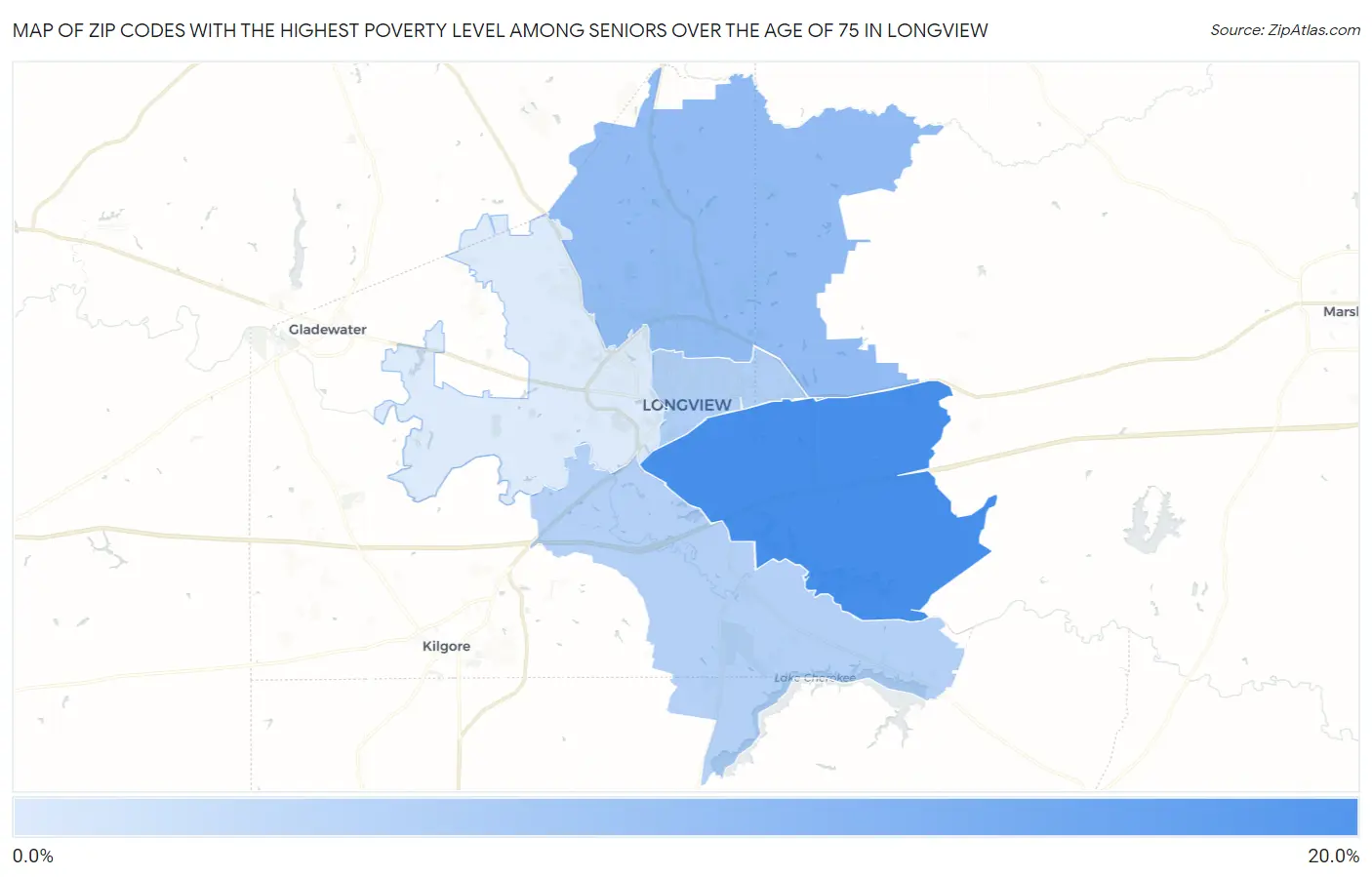 Zip Codes with the Highest Poverty Level Among Seniors Over the Age of 75 in Longview Map