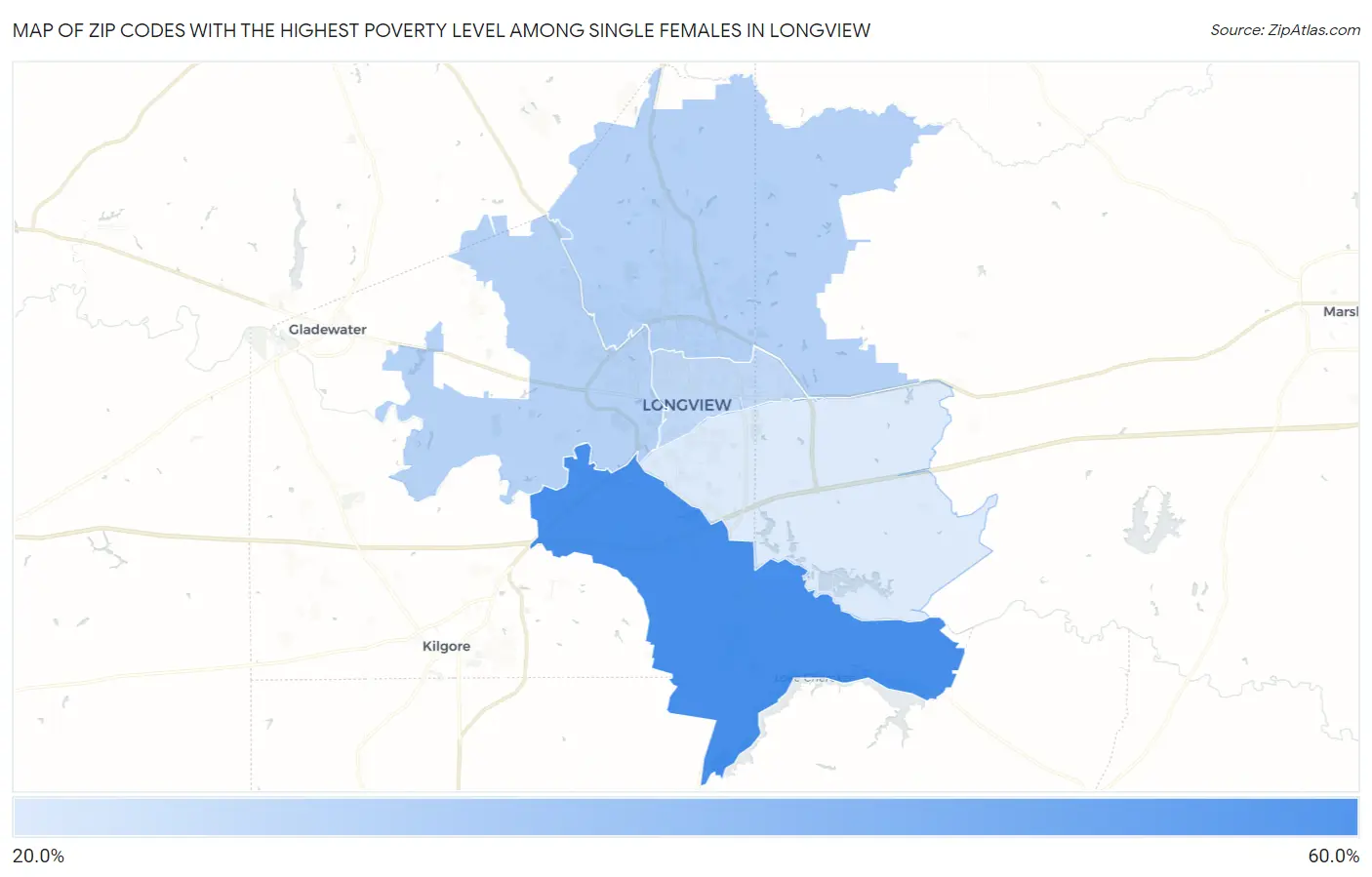 Zip Codes with the Highest Poverty Level Among Single Females in Longview Map