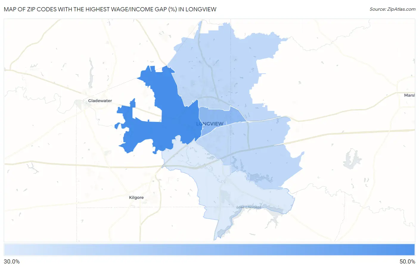 Zip Codes with the Highest Wage/Income Gap (%) in Longview Map