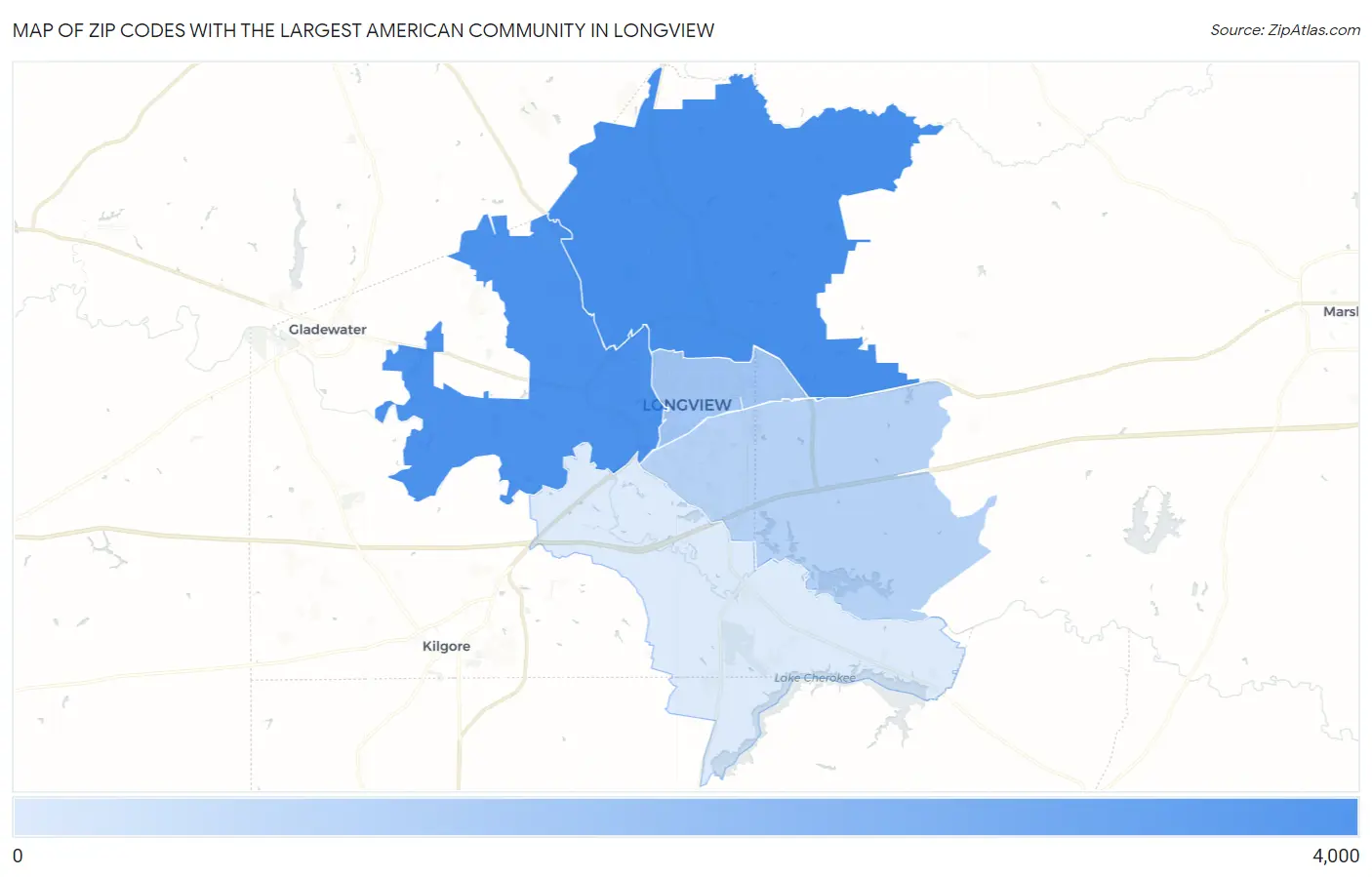 Zip Codes with the Largest American Community in Longview Map