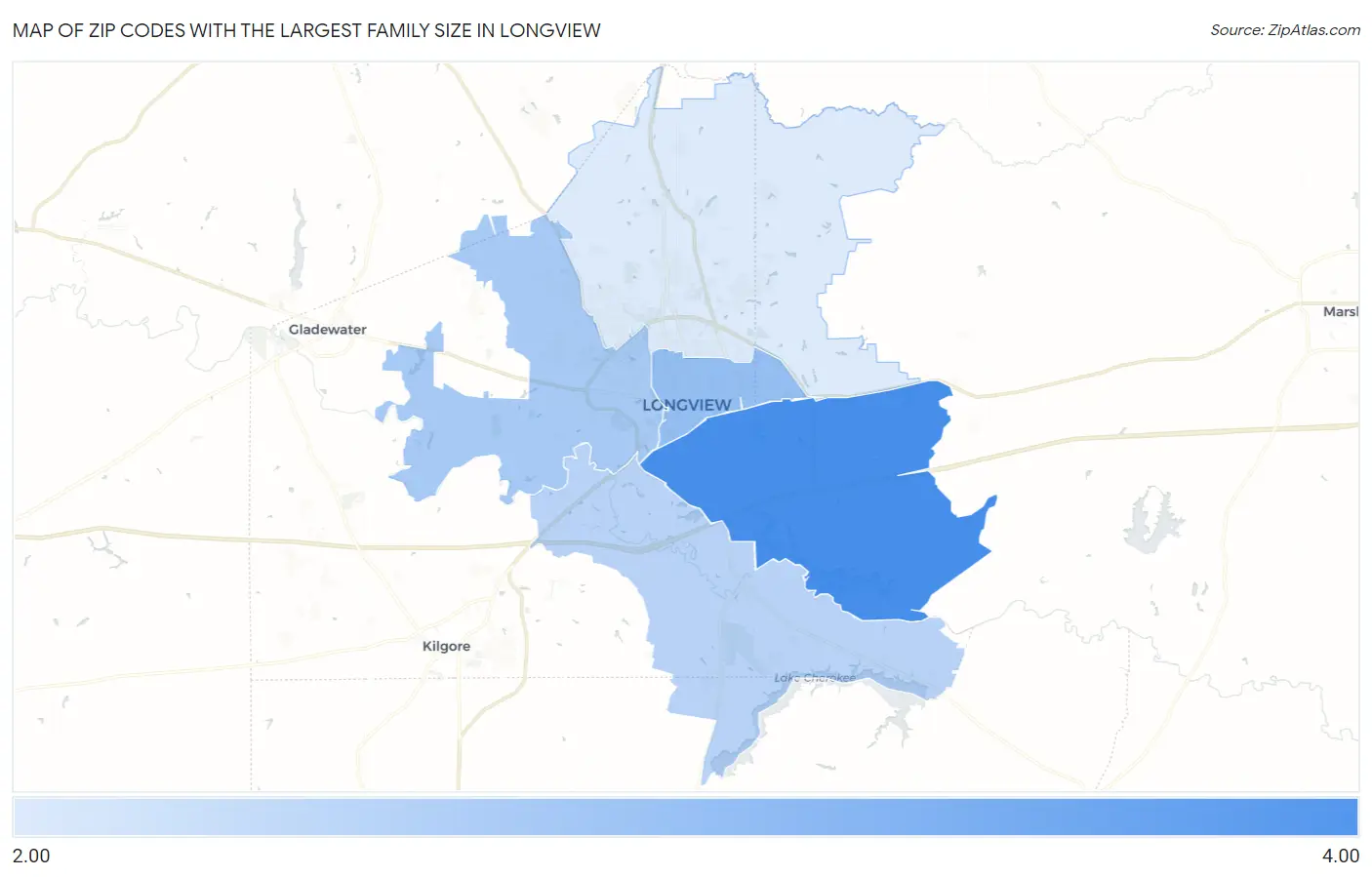Zip Codes with the Largest Family Size in Longview Map