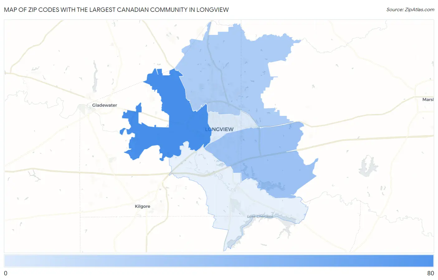 Zip Codes with the Largest Canadian Community in Longview Map