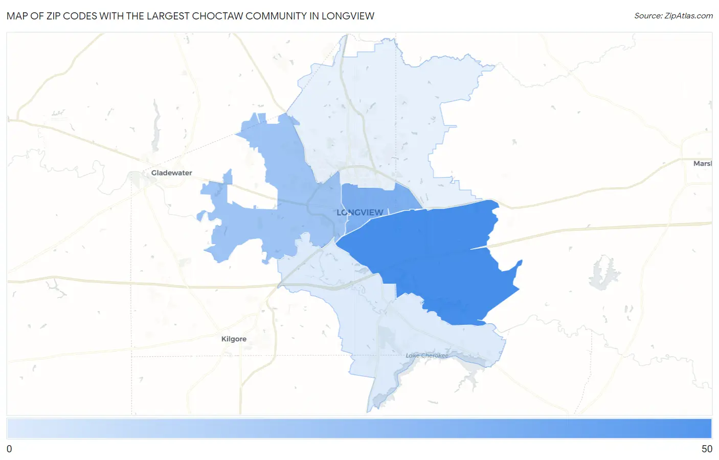 Zip Codes with the Largest Choctaw Community in Longview Map