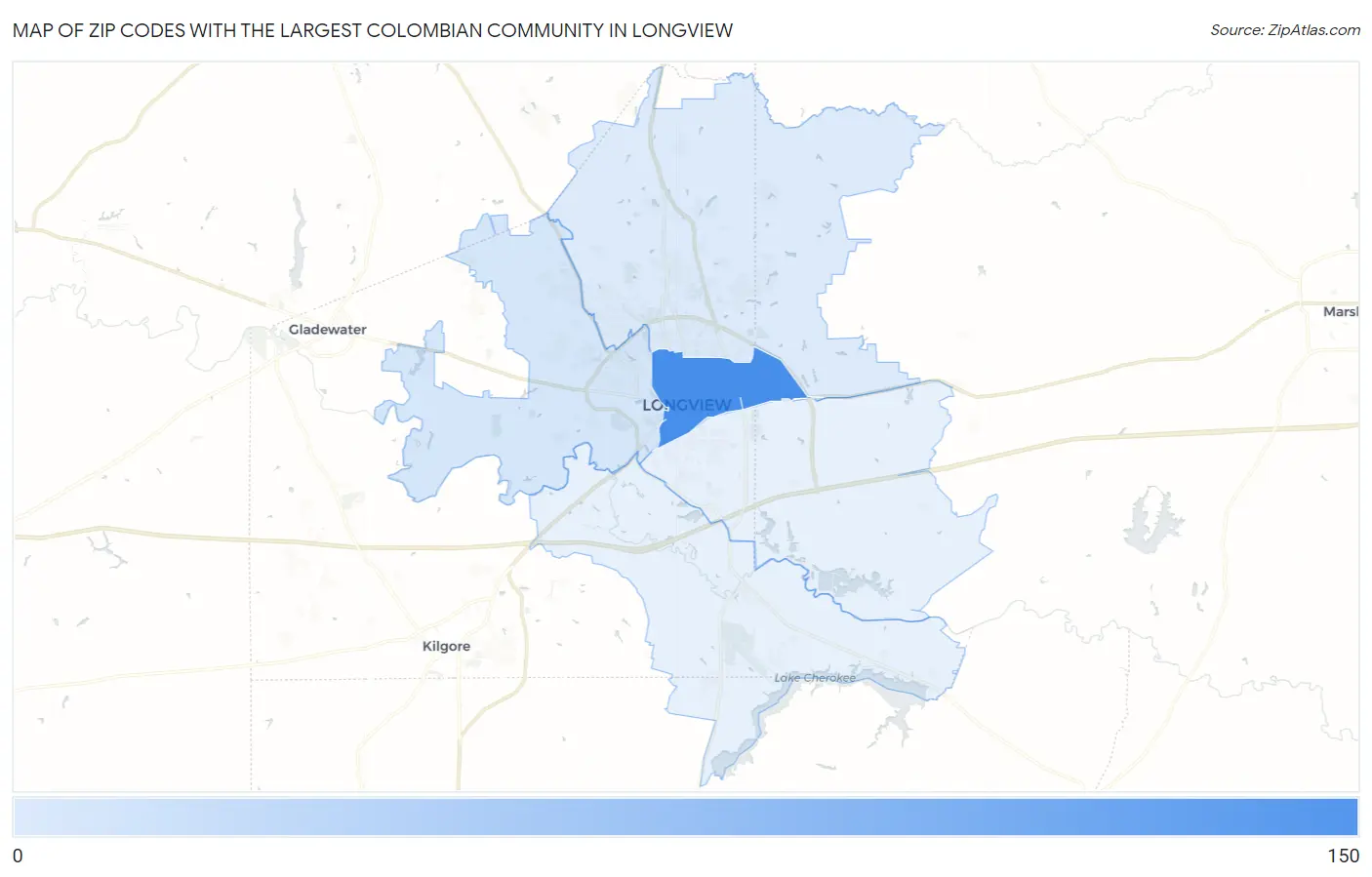 Zip Codes with the Largest Colombian Community in Longview Map