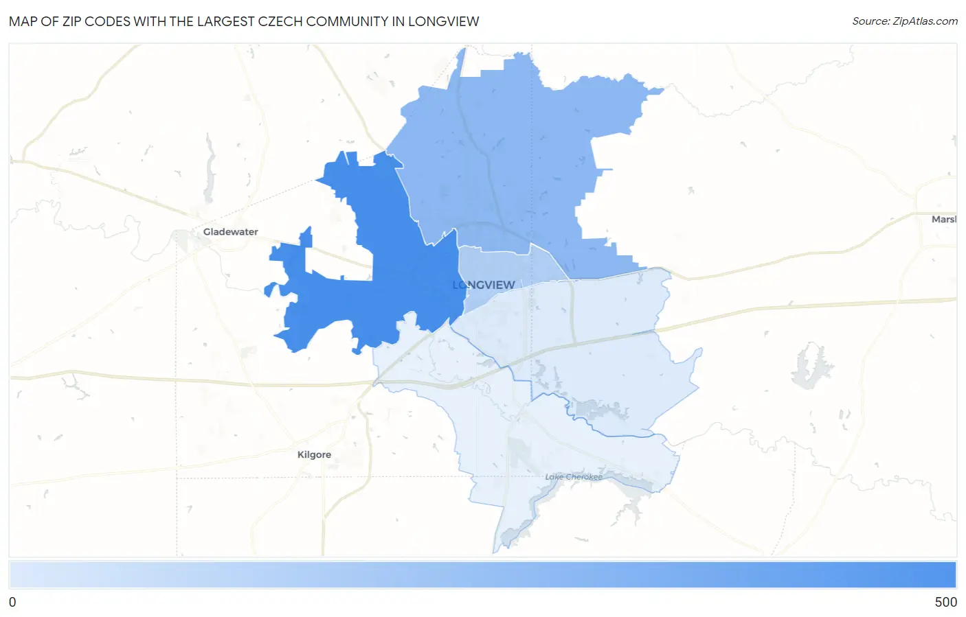Zip Codes with the Largest Czech Community in Longview Map
