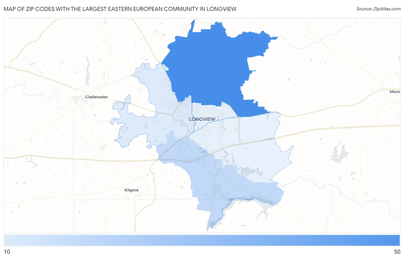 Zip Codes with the Largest Eastern European Community in Longview Map