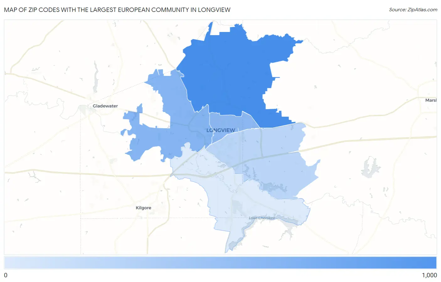 Zip Codes with the Largest European Community in Longview Map