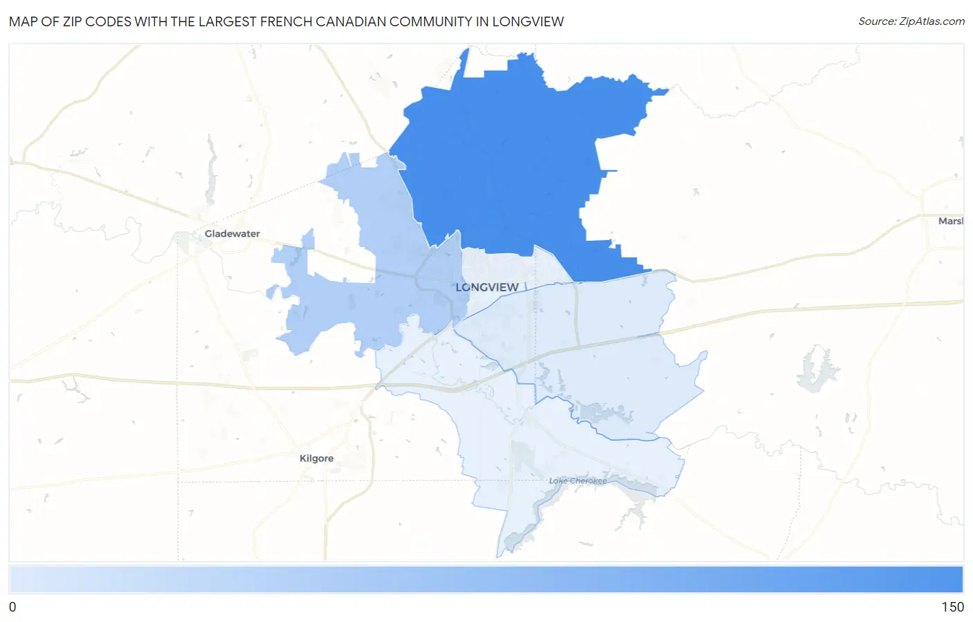 Zip Codes with the Largest French Canadian Community in Longview Map