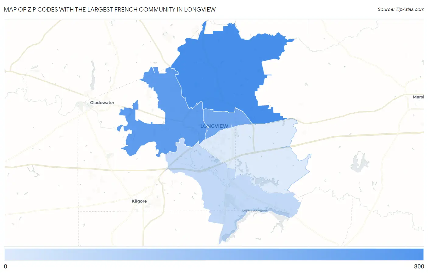 Zip Codes with the Largest French Community in Longview Map