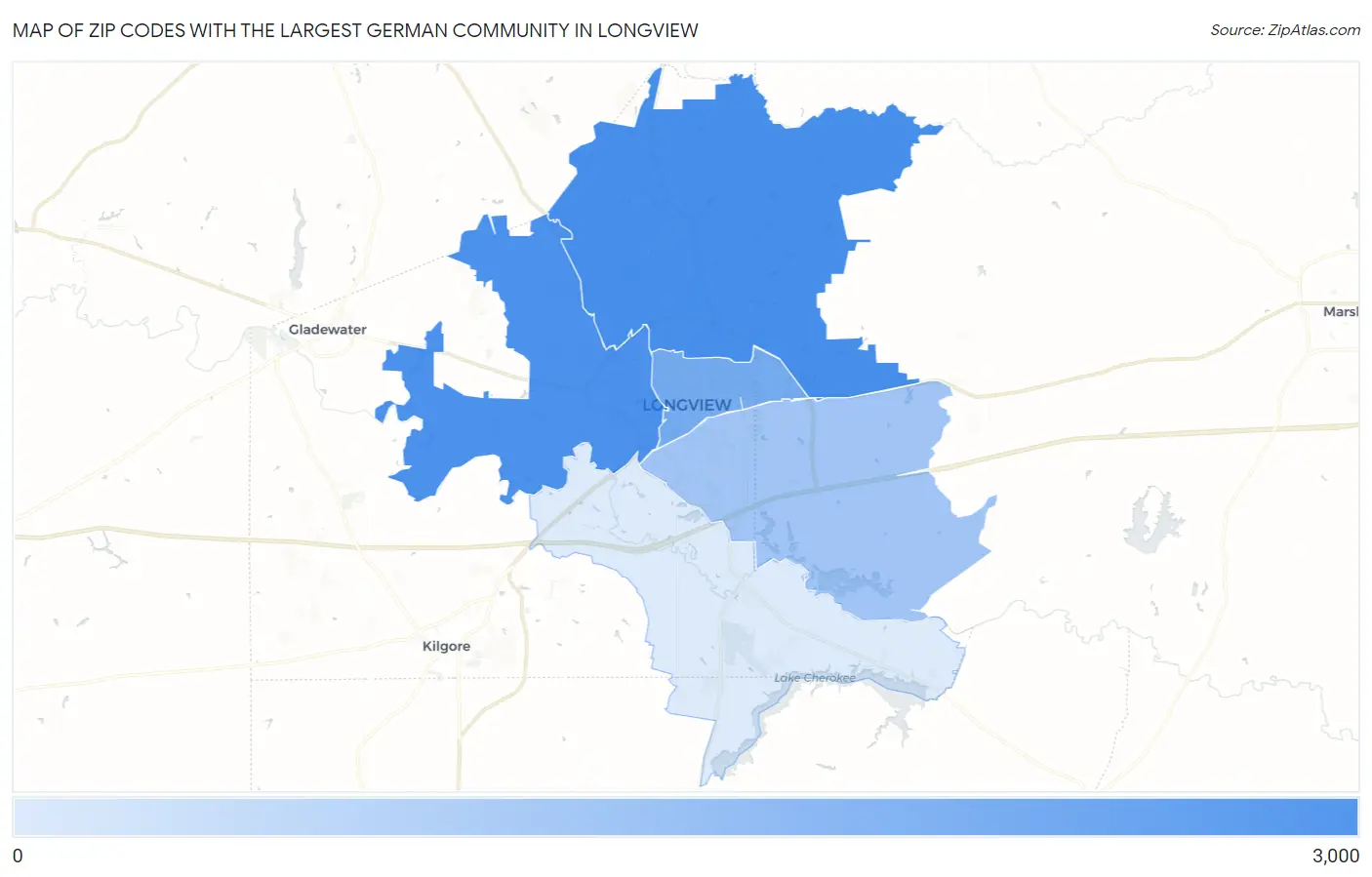 Zip Codes with the Largest German Community in Longview Map