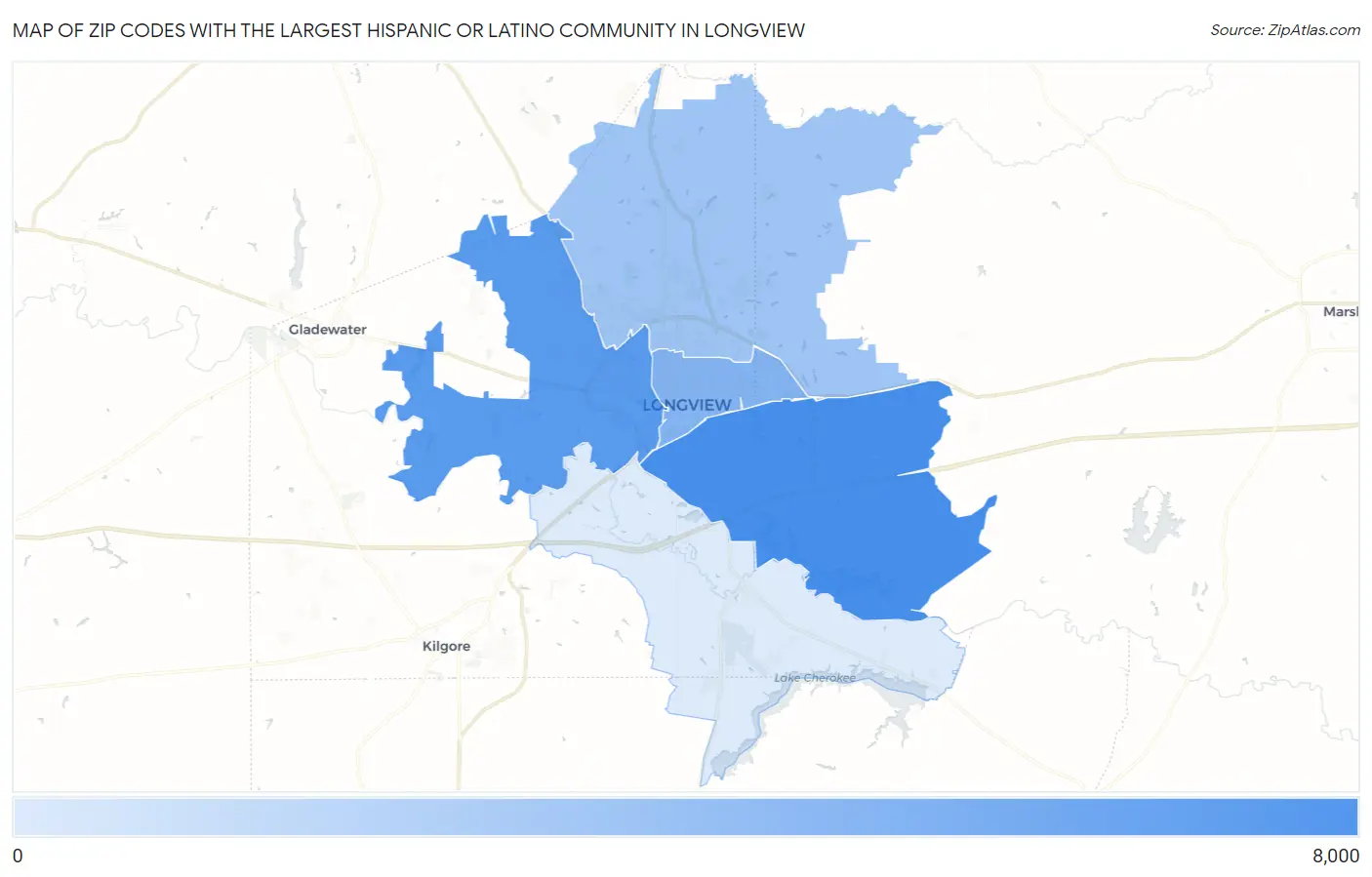 Zip Codes with the Largest Hispanic or Latino Community in Longview Map