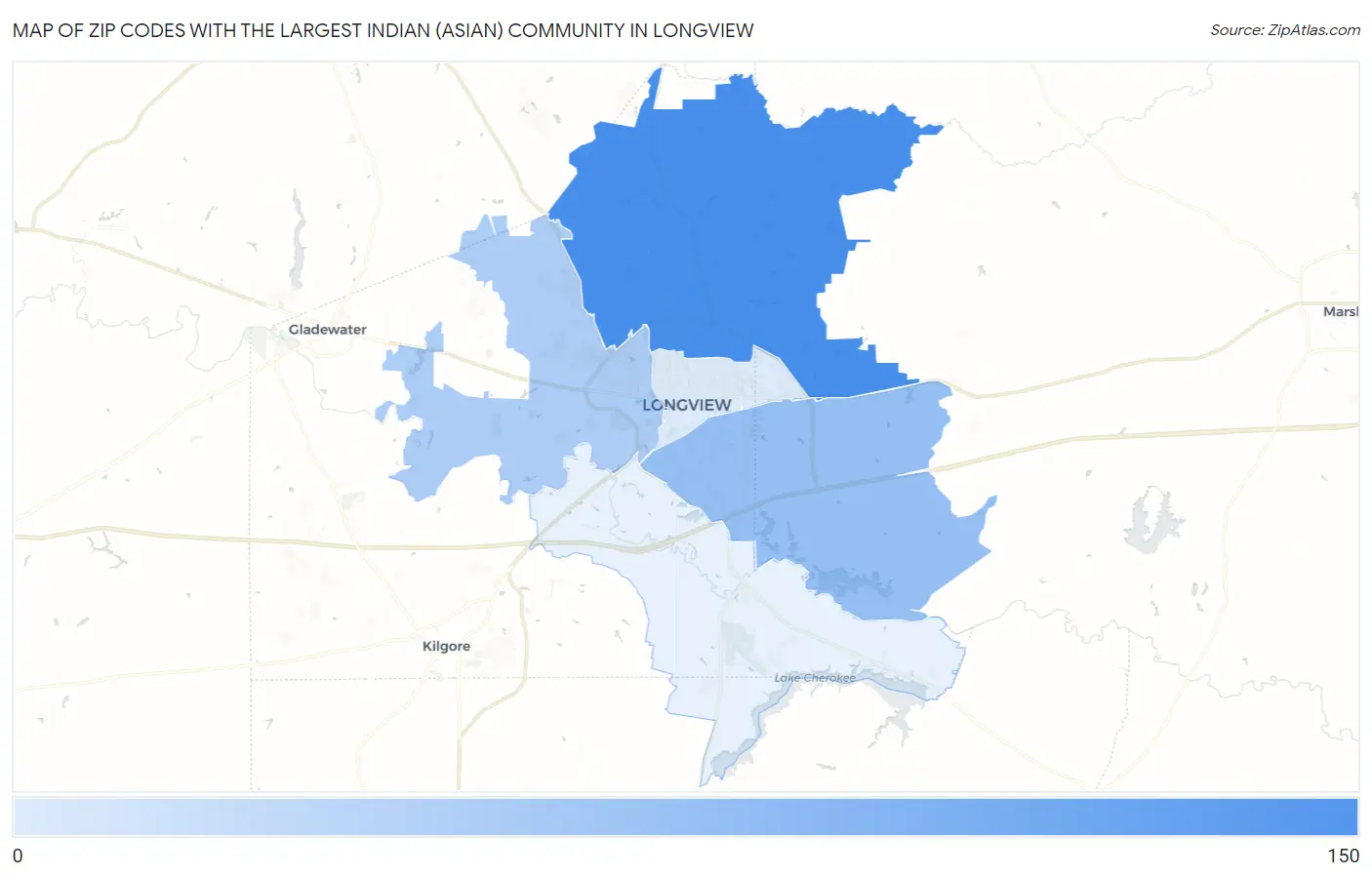 Zip Codes with the Largest Indian (Asian) Community in Longview Map