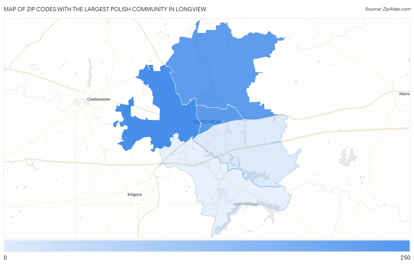 Zip Codes with the Largest Polish Community in Longview Map