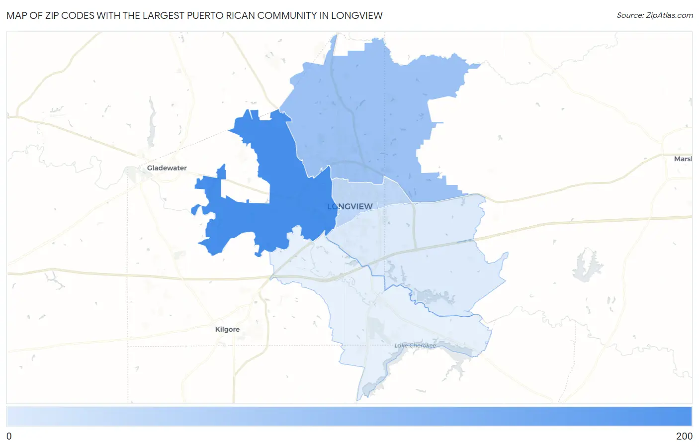 Zip Codes with the Largest Puerto Rican Community in Longview Map