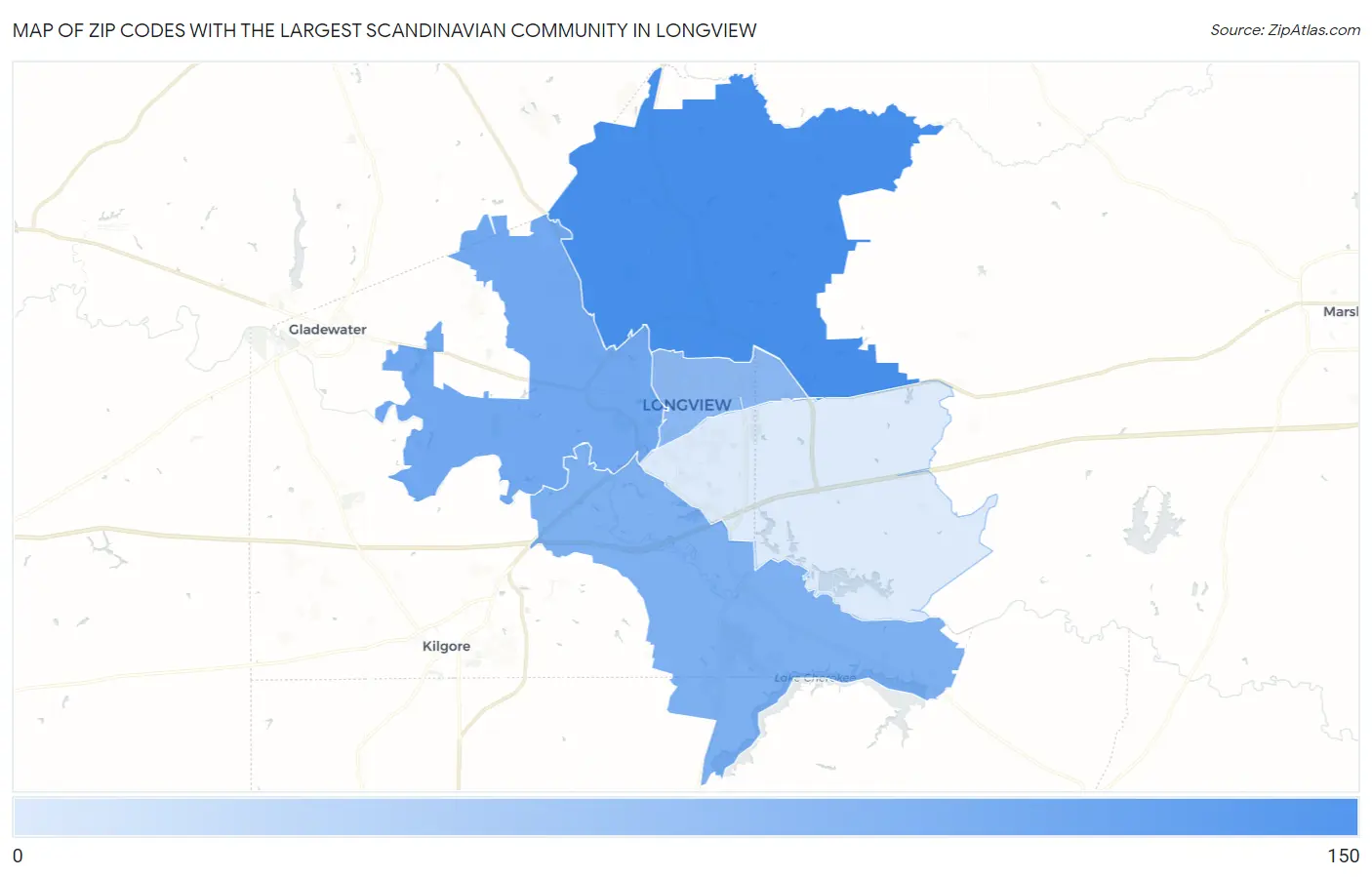 Zip Codes with the Largest Scandinavian Community in Longview Map