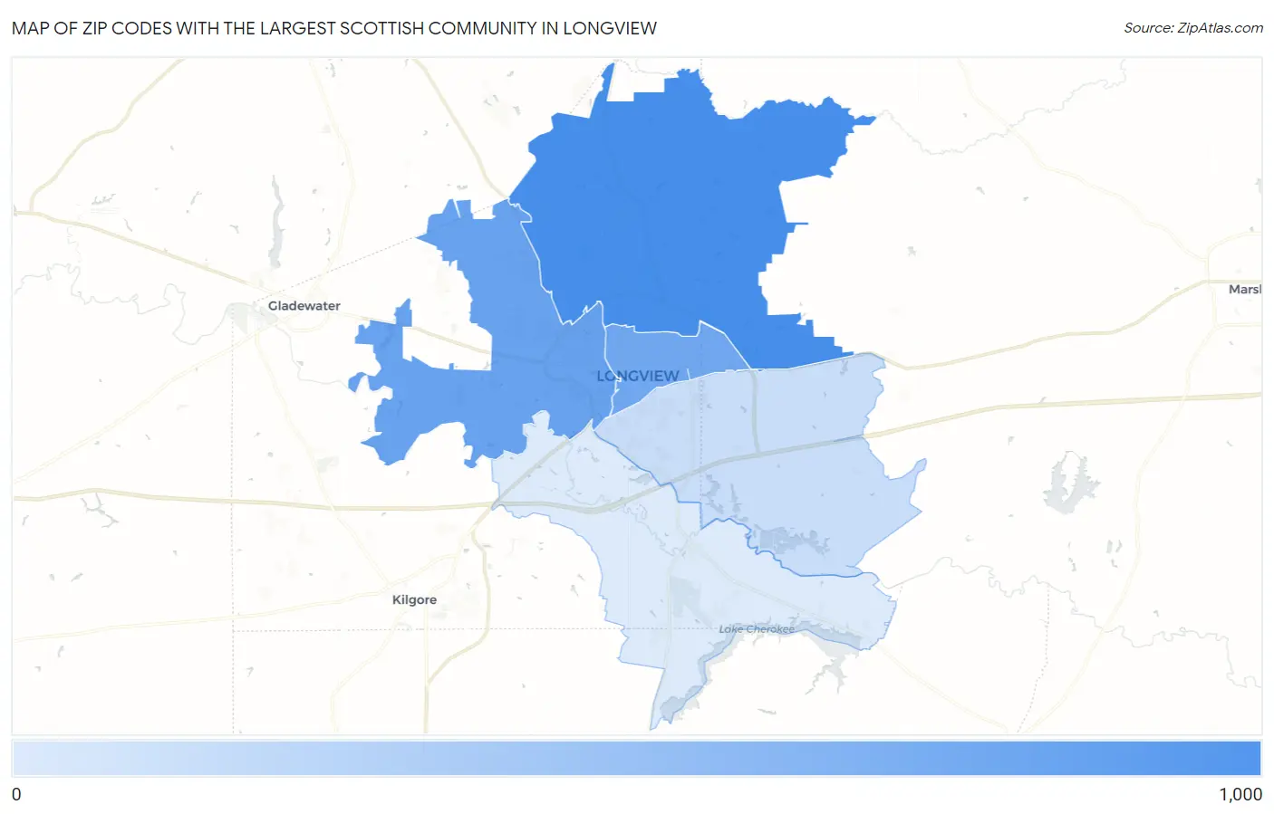 Zip Codes with the Largest Scottish Community in Longview Map