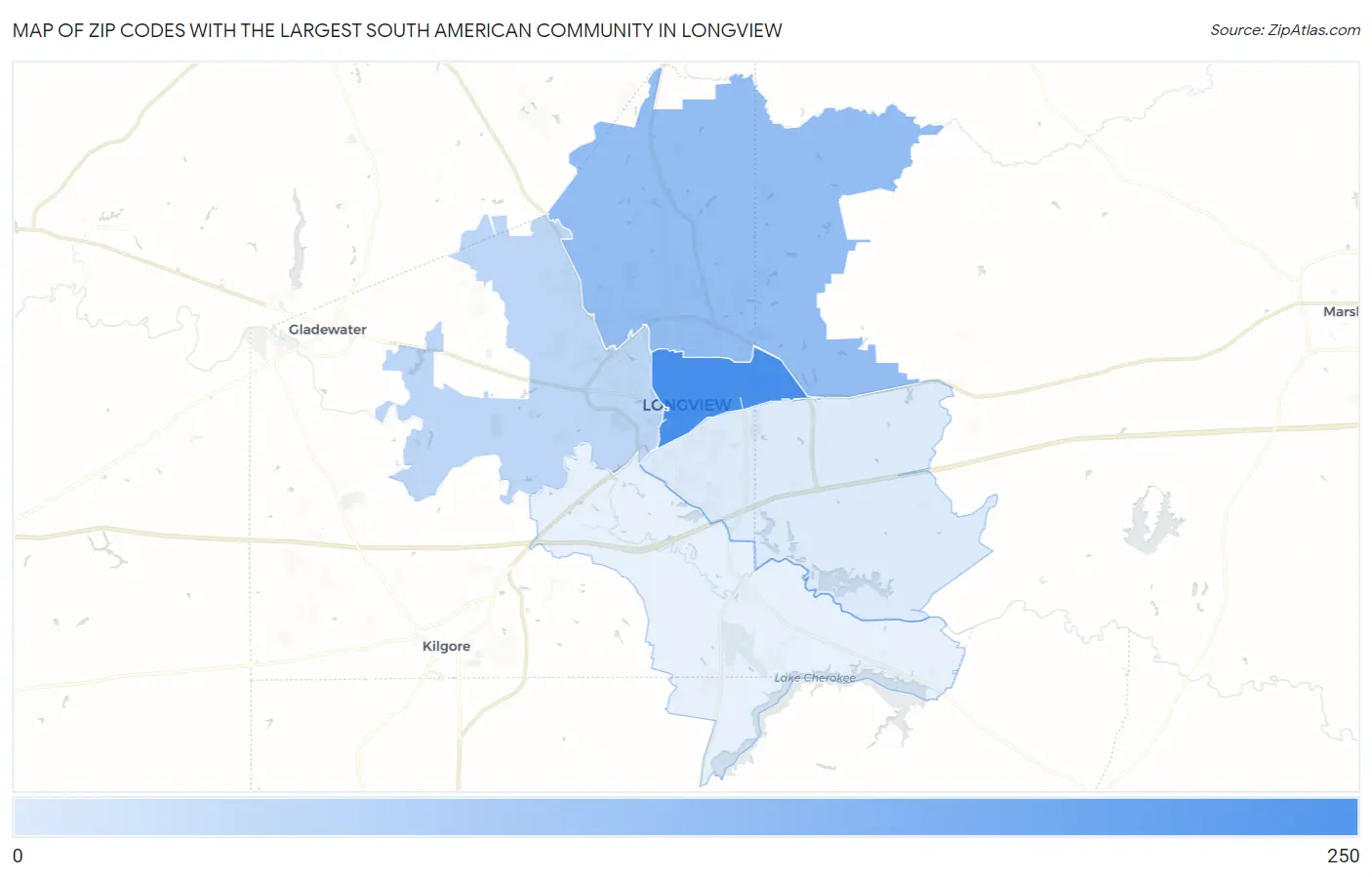 Zip Codes with the Largest South American Community in Longview Map