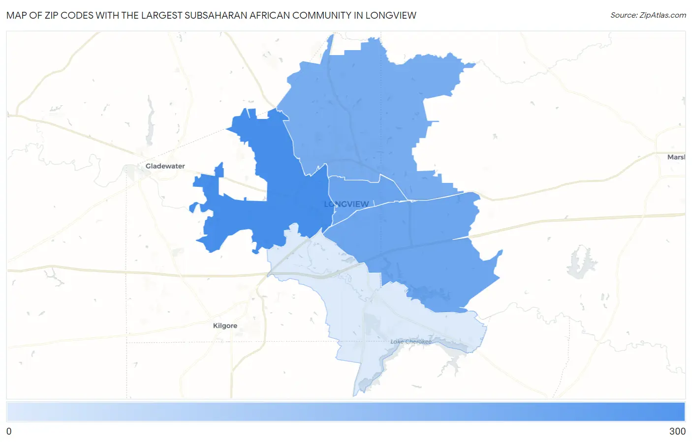 Zip Codes with the Largest Subsaharan African Community in Longview Map