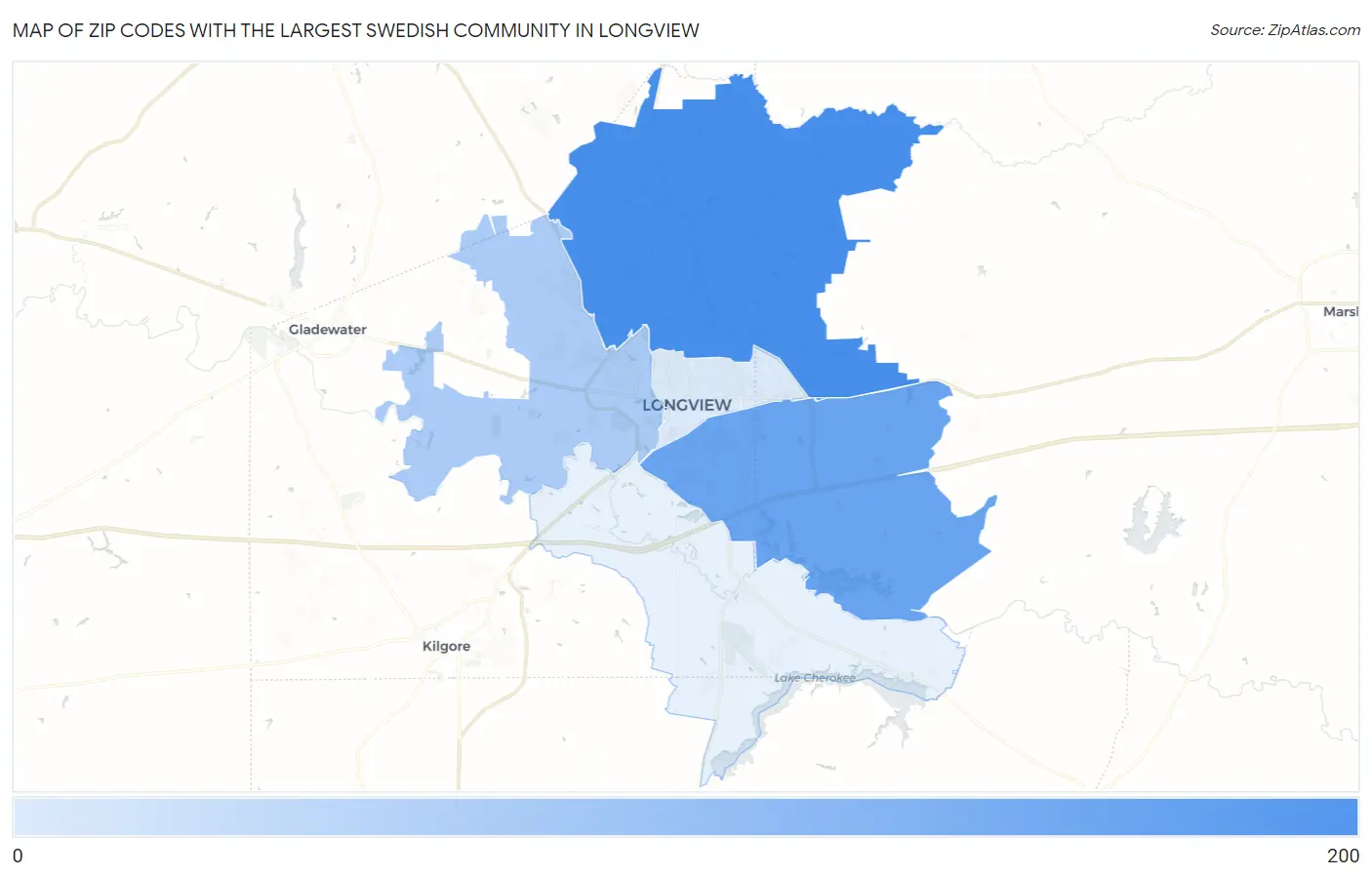 Zip Codes with the Largest Swedish Community in Longview Map