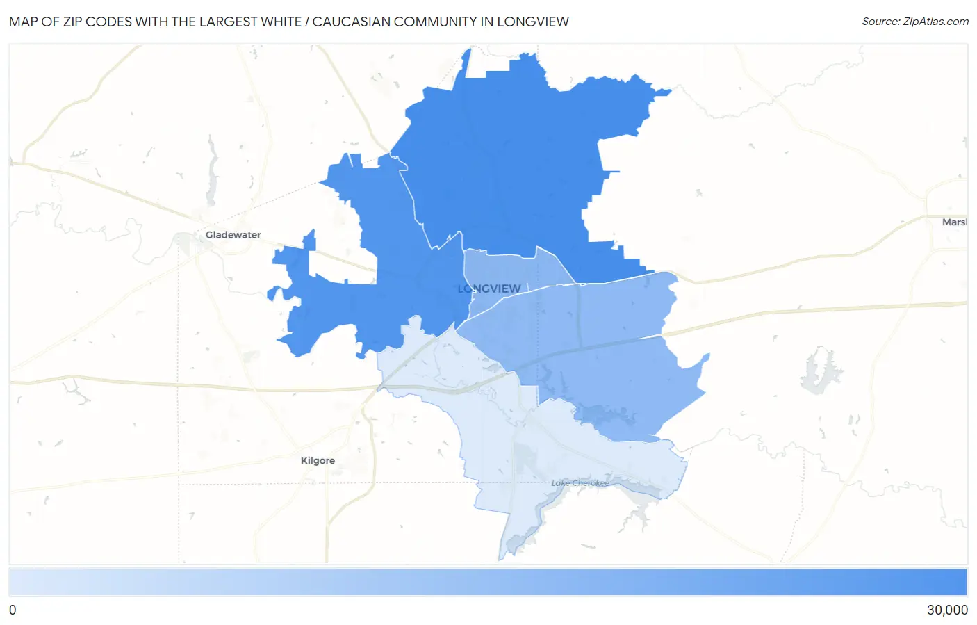 Zip Codes with the Largest White / Caucasian Community in Longview Map