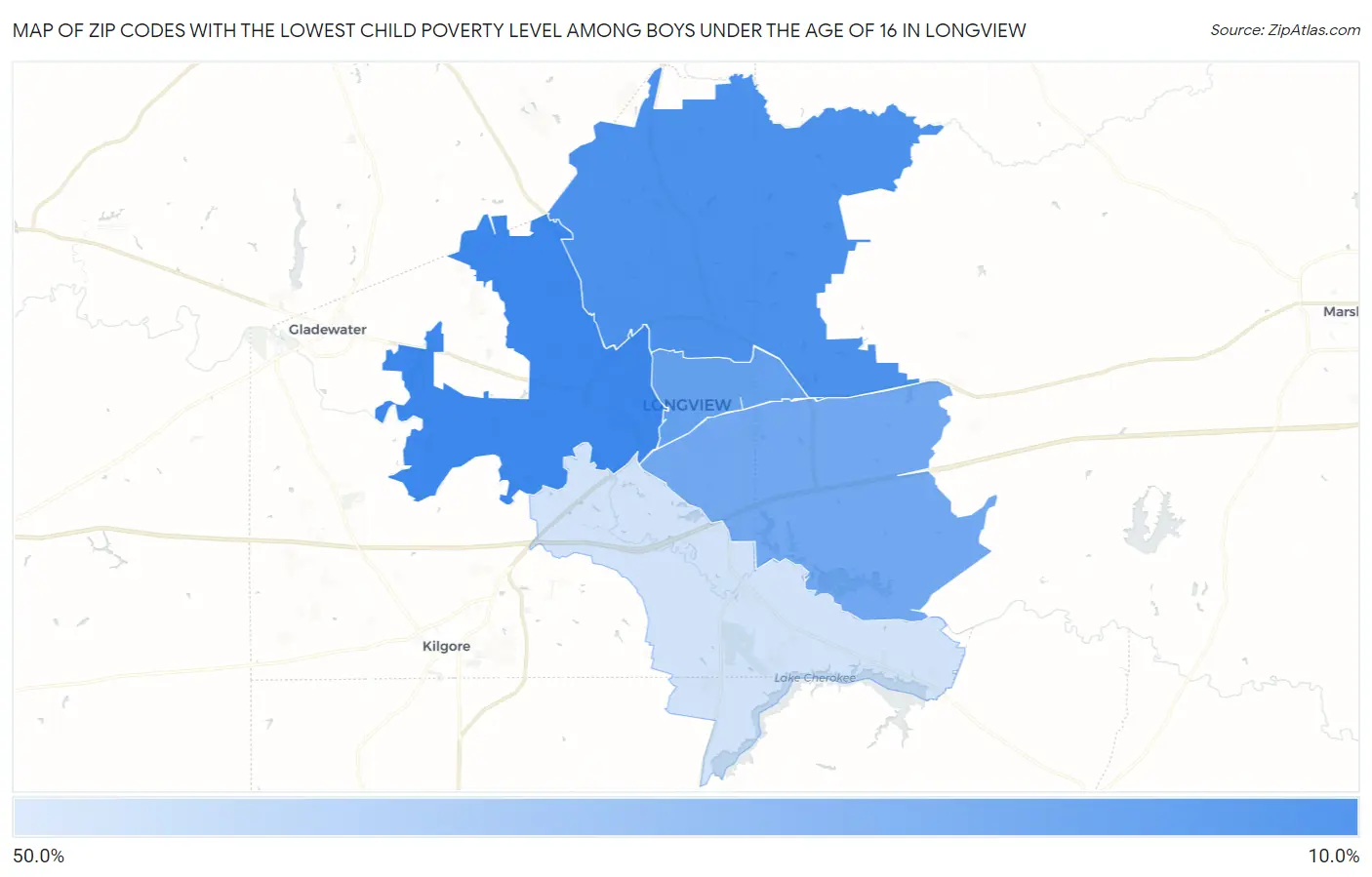 Zip Codes with the Lowest Child Poverty Level Among Boys Under the Age of 16 in Longview Map