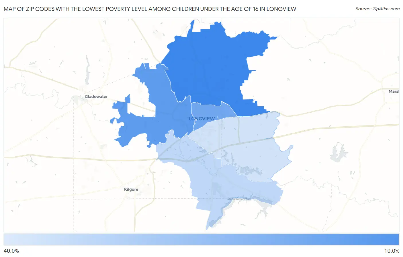 Zip Codes with the Lowest Poverty Level Among Children Under the Age of 16 in Longview Map