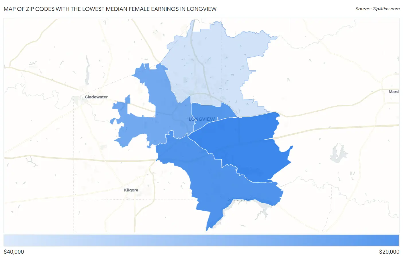 Zip Codes with the Lowest Median Female Earnings in Longview Map
