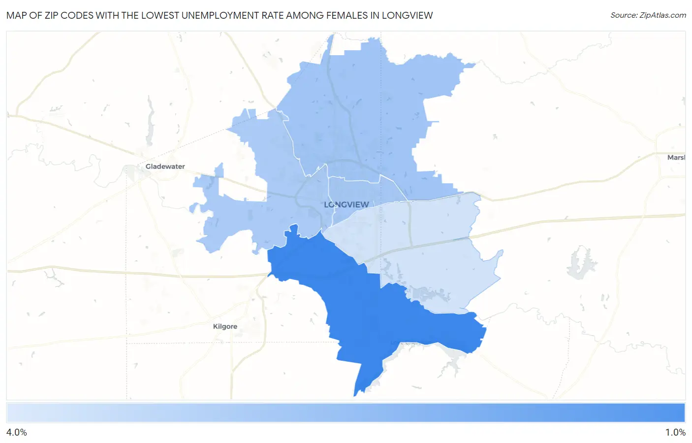 Zip Codes with the Lowest Unemployment Rate Among Females in Longview Map