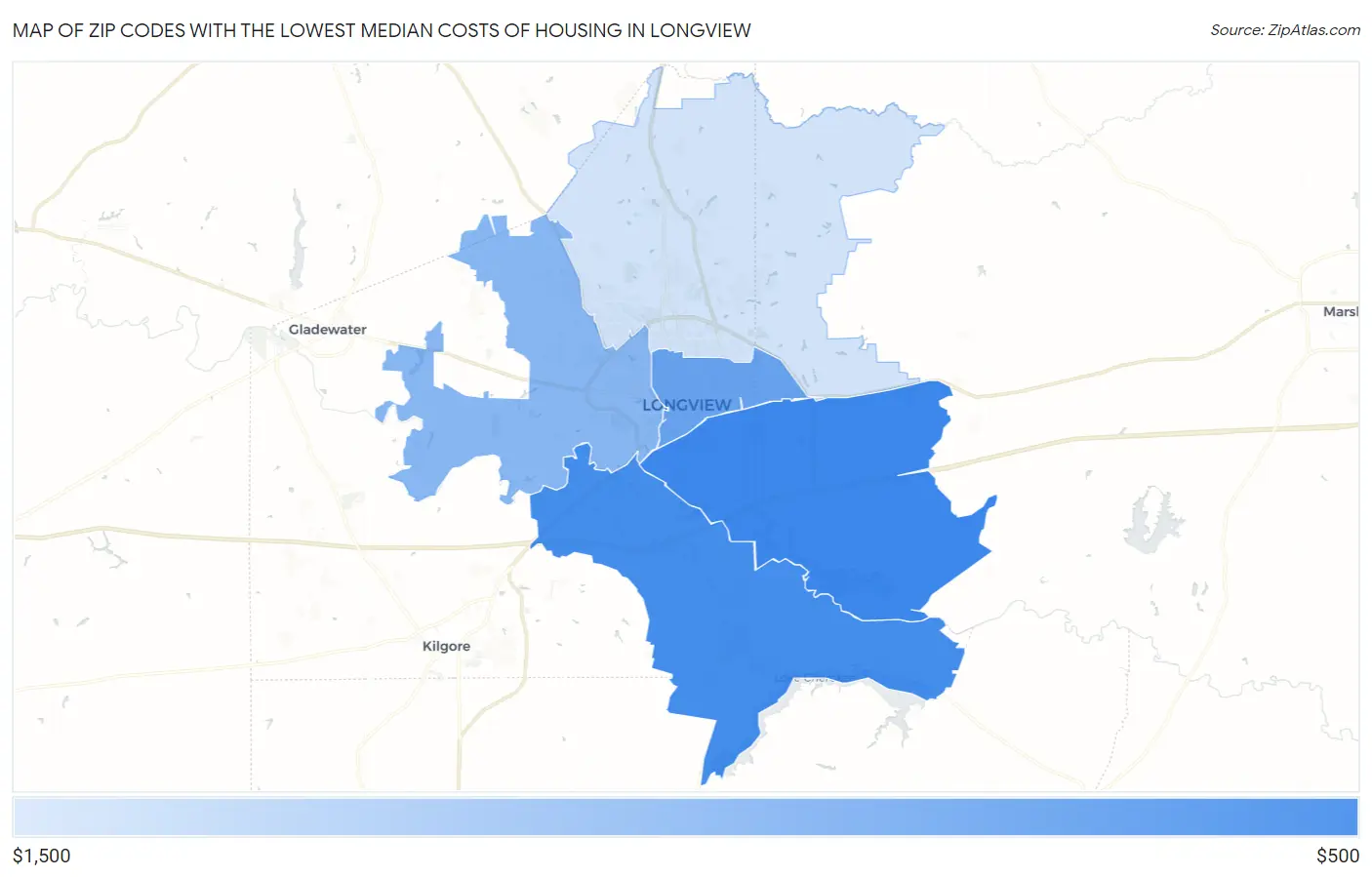 Zip Codes with the Lowest Median Costs of Housing in Longview Map