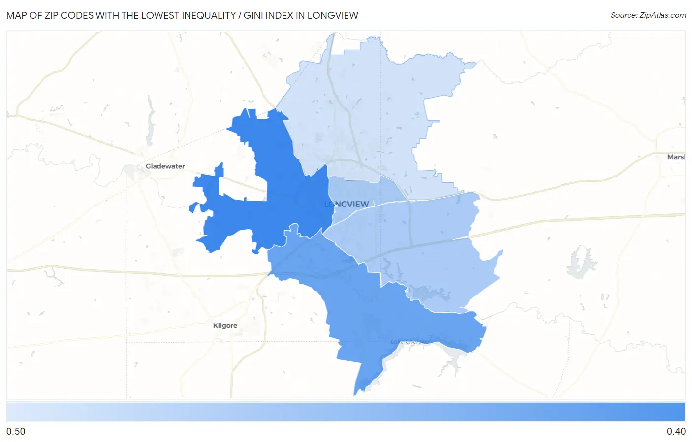 Zip Codes with the Lowest Inequality / Gini Index in Longview Map