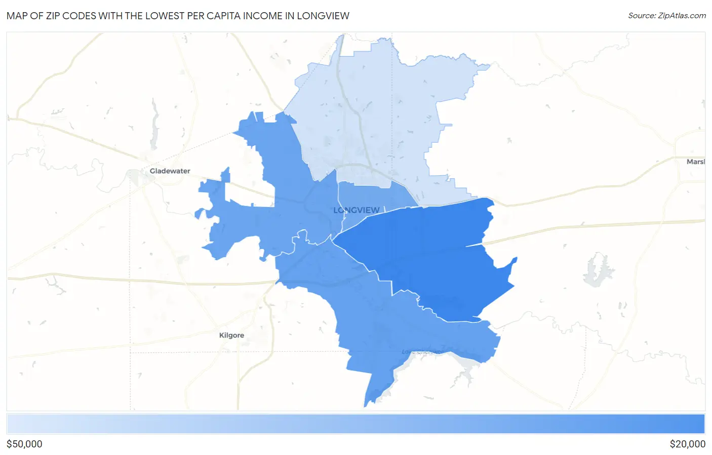 Zip Codes with the Lowest Per Capita Income in Longview Map