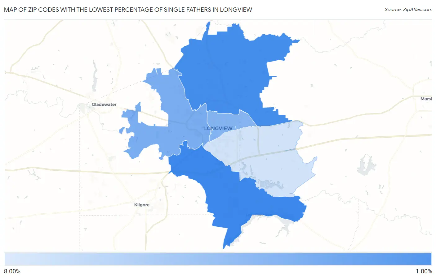 Zip Codes with the Lowest Percentage of Single Fathers in Longview Map