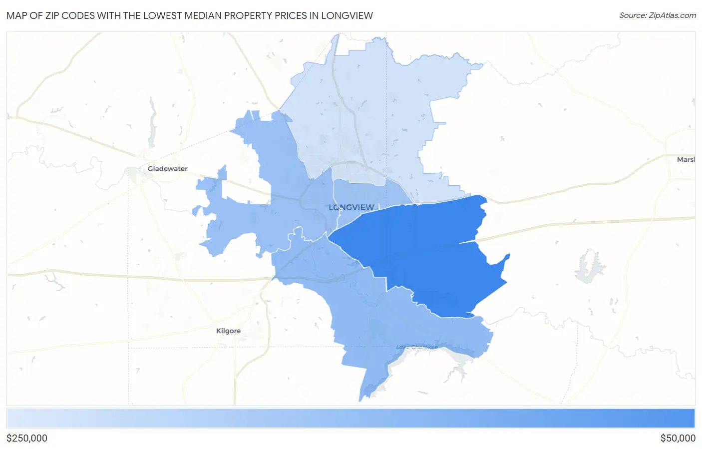 Zip Codes with the Lowest Median Property Prices in Longview Map