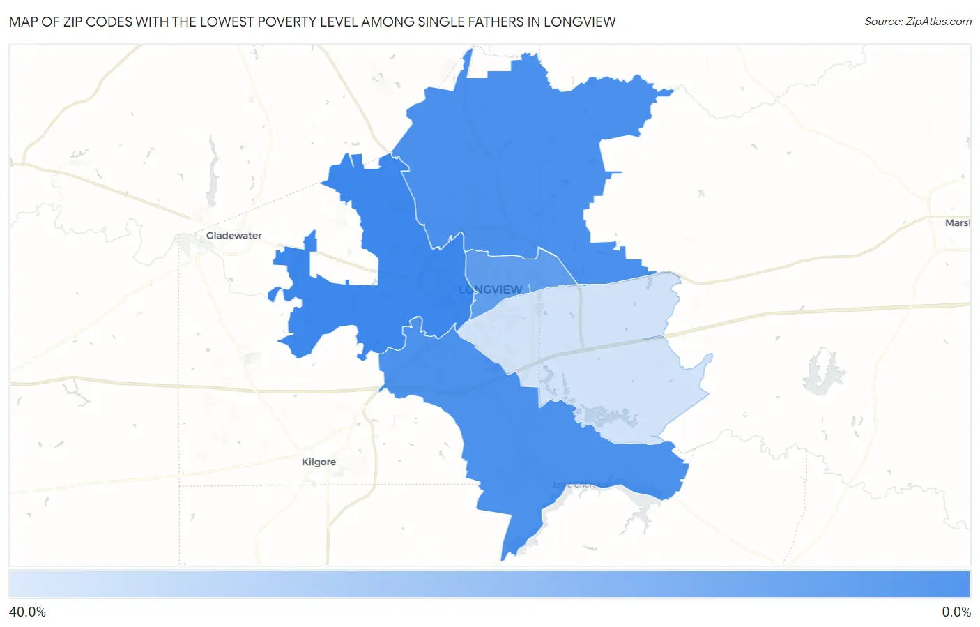 Zip Codes with the Lowest Poverty Level Among Single Fathers in Longview Map