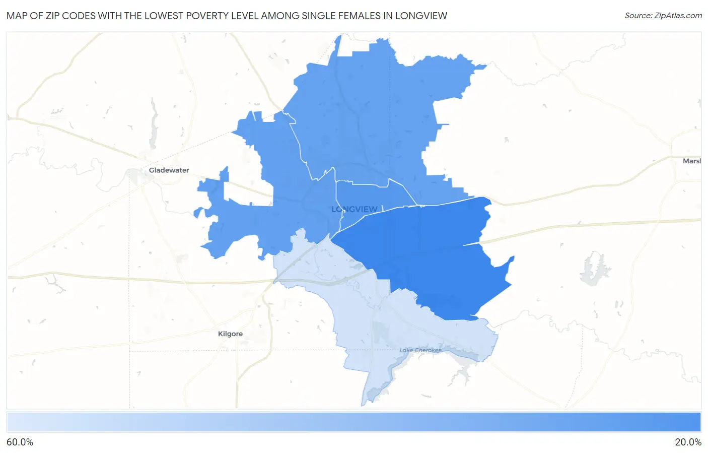 Zip Codes with the Lowest Poverty Level Among Single Females in Longview Map
