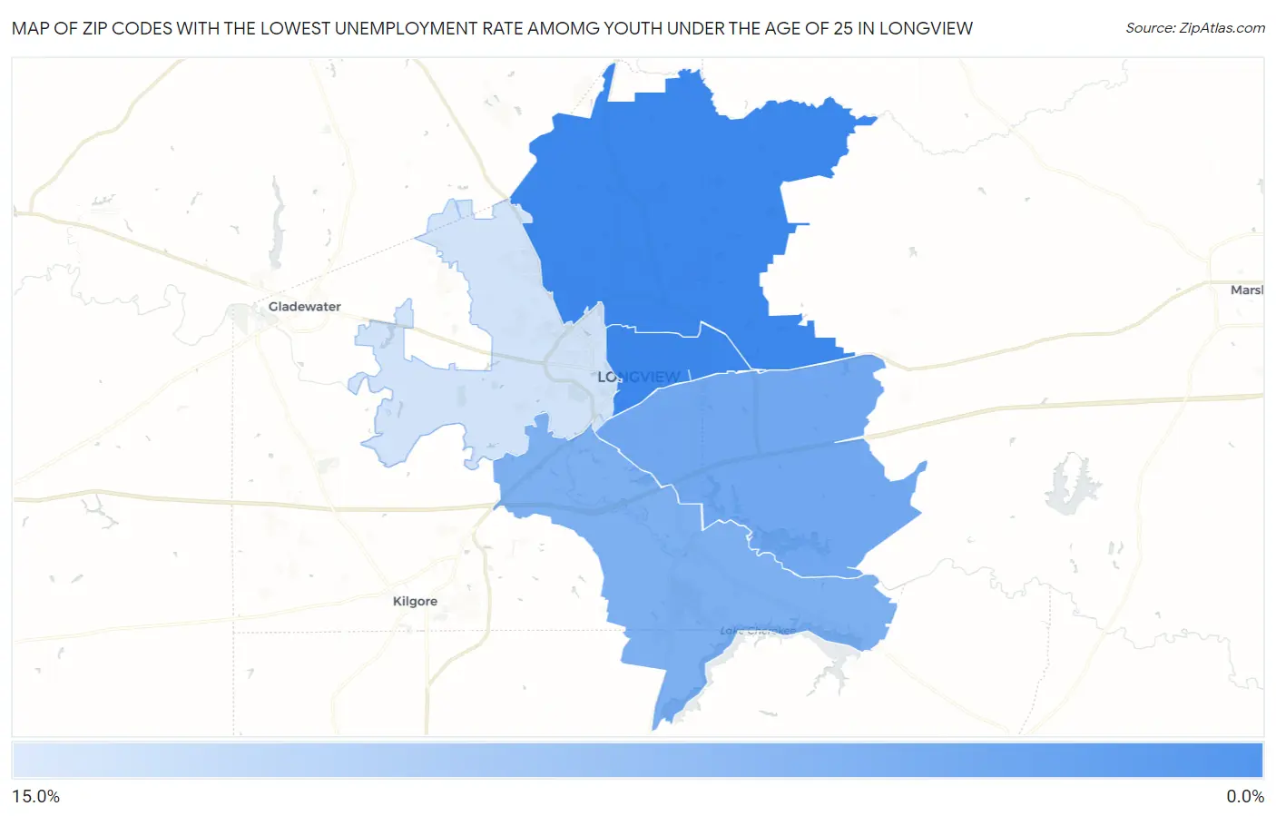 Zip Codes with the Lowest Unemployment Rate Amomg Youth Under the Age of 25 in Longview Map