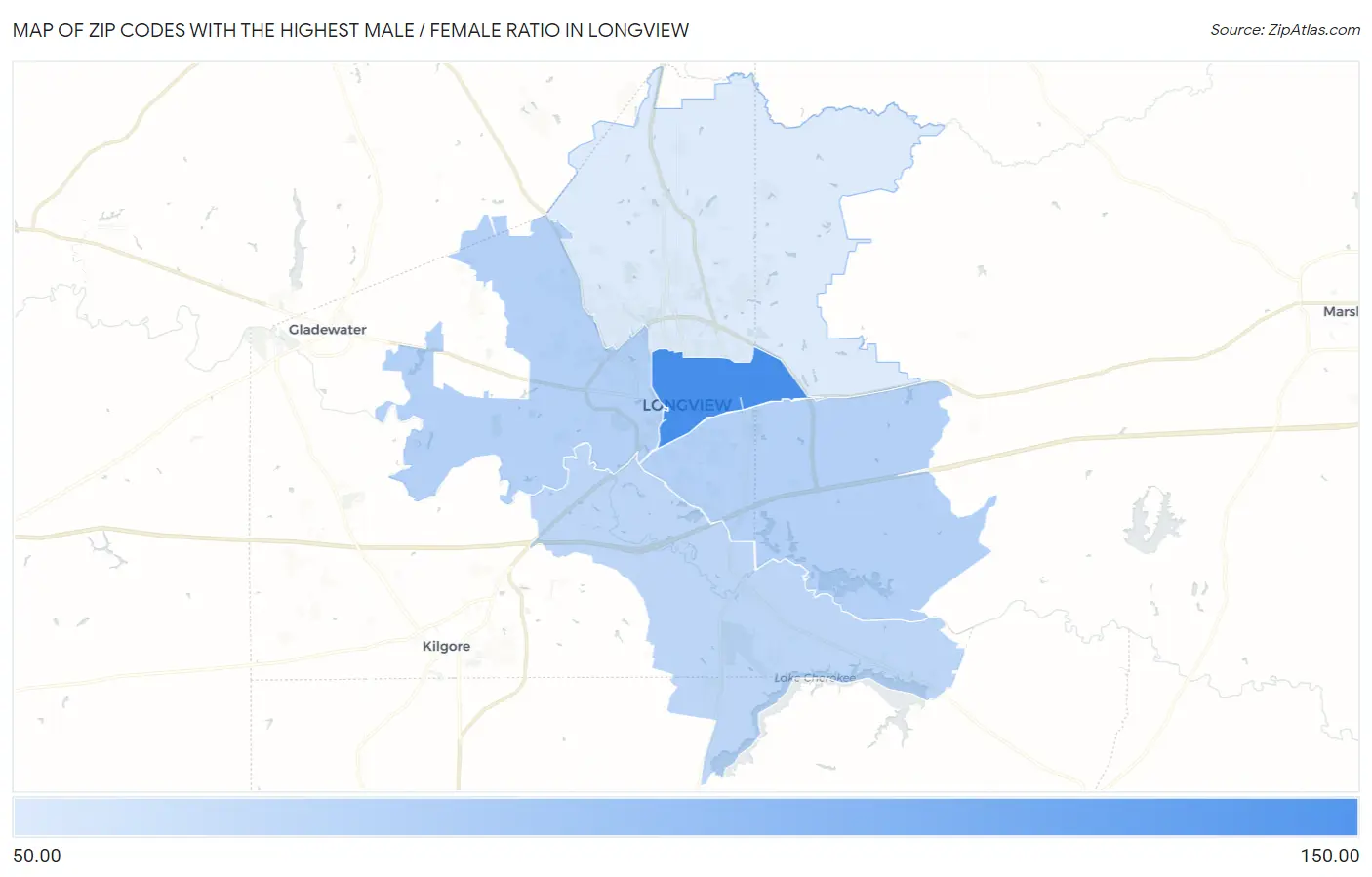 Zip Codes with the Highest Male / Female Ratio in Longview Map