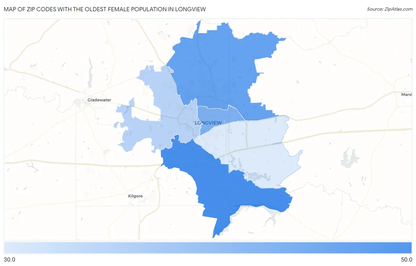 Zip Codes with the Oldest Female Population in Longview Map