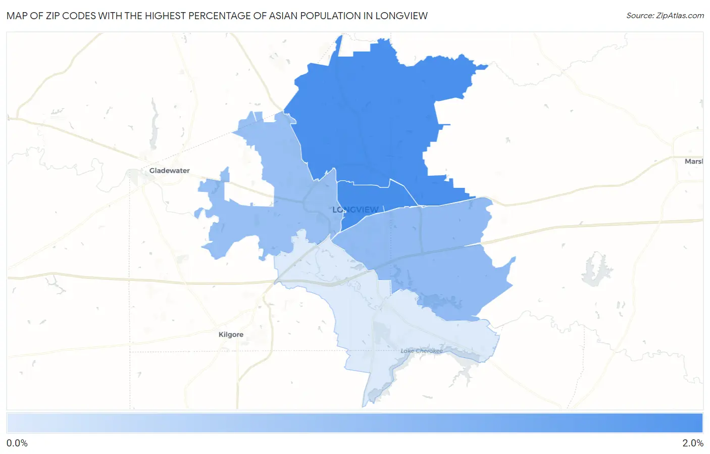Zip Codes with the Highest Percentage of Asian Population in Longview Map