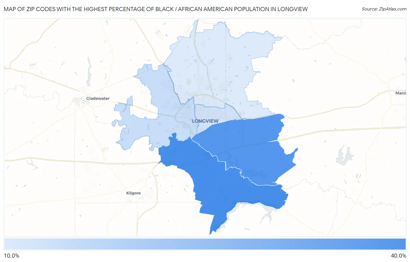 Zip Codes with the Highest Percentage of Black / African American Population in Longview Map