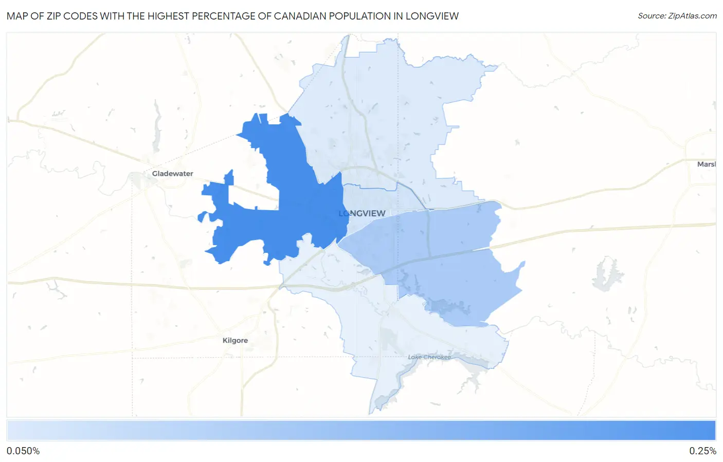 Zip Codes with the Highest Percentage of Canadian Population in Longview Map