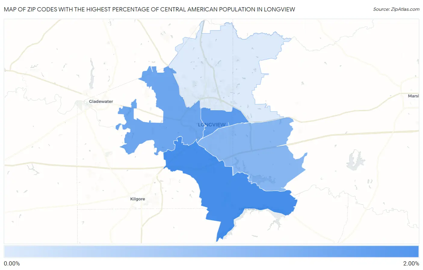 Zip Codes with the Highest Percentage of Central American Population in Longview Map
