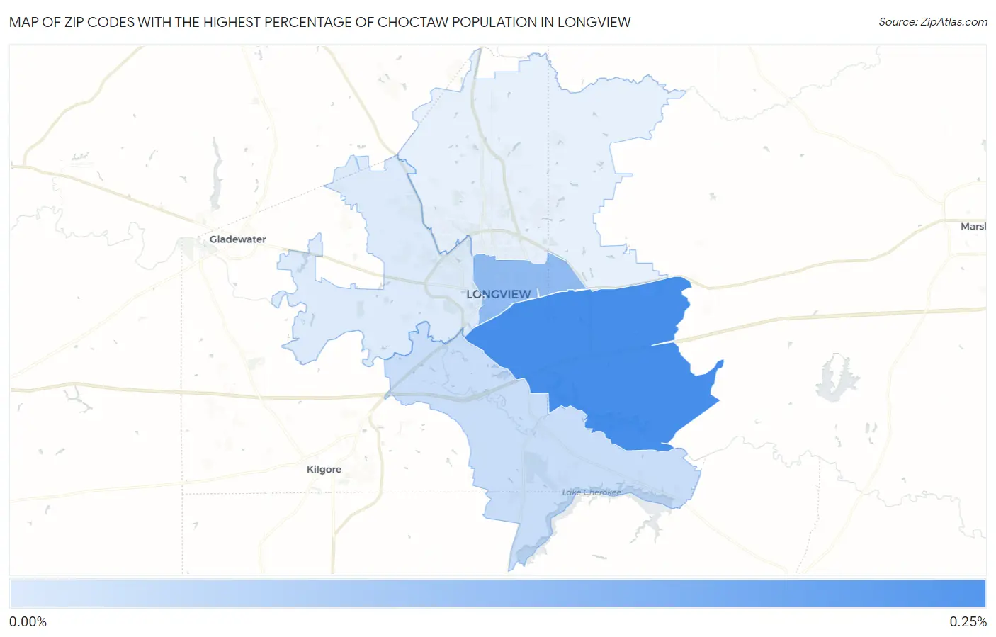 Zip Codes with the Highest Percentage of Choctaw Population in Longview Map