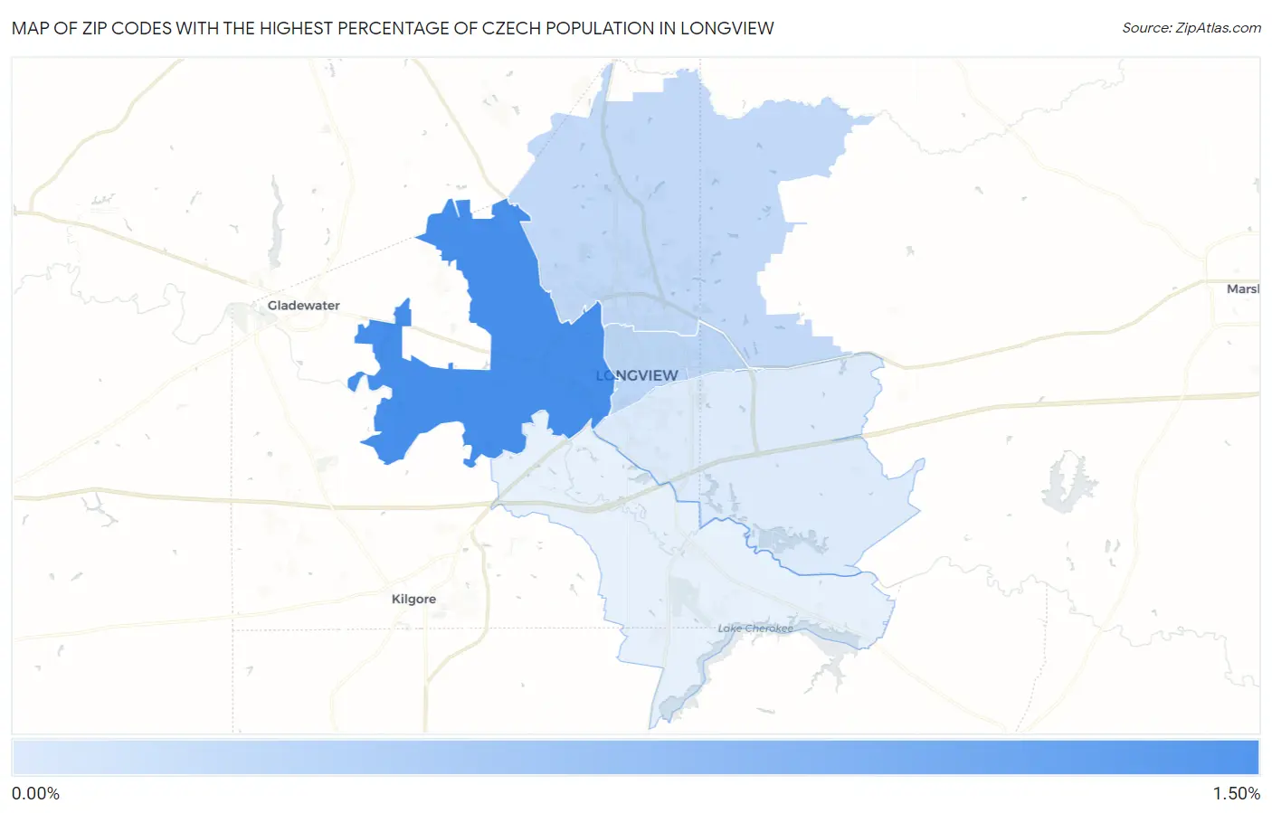 Zip Codes with the Highest Percentage of Czech Population in Longview Map