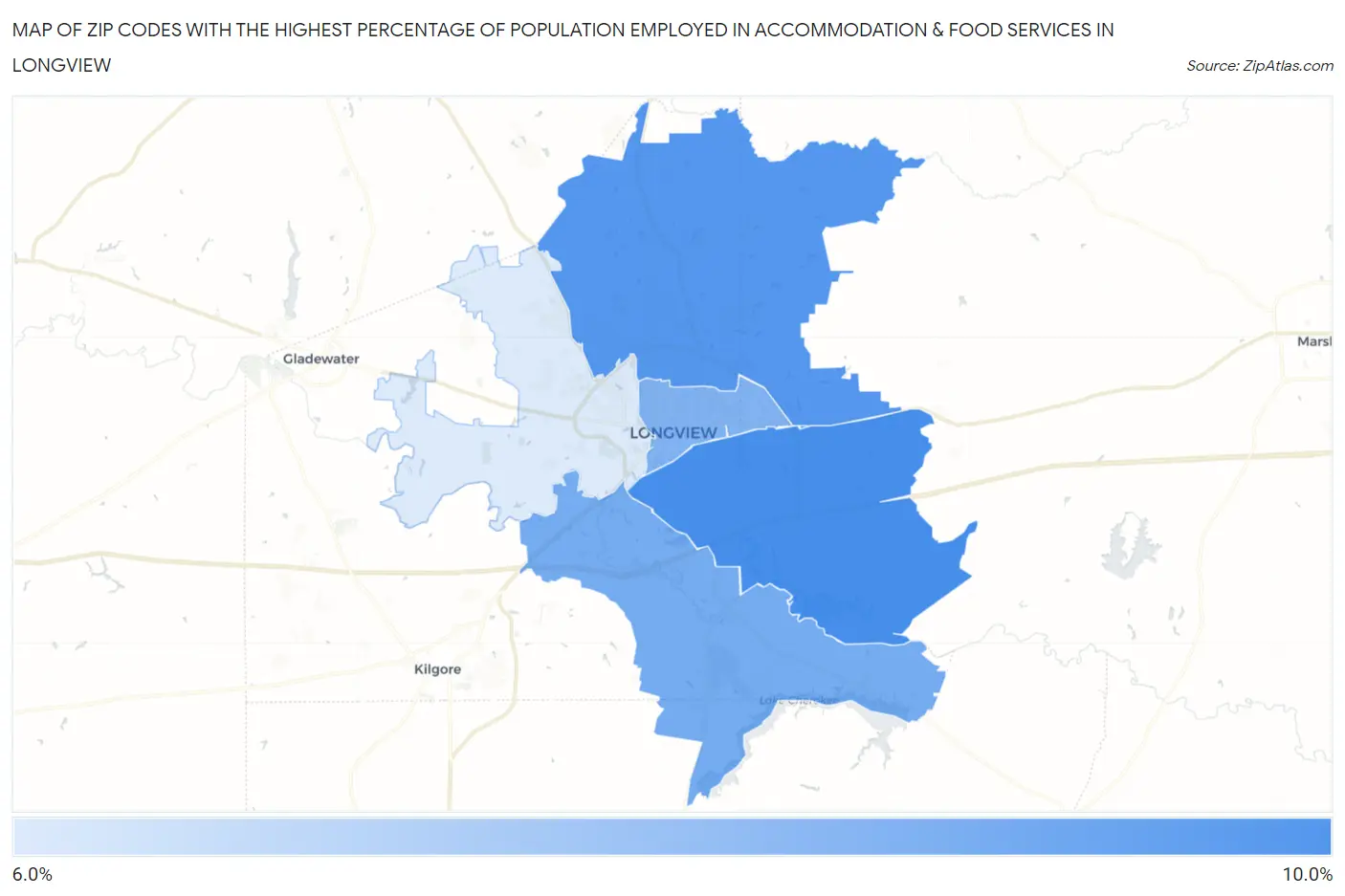 Zip Codes with the Highest Percentage of Population Employed in Accommodation & Food Services in Longview Map