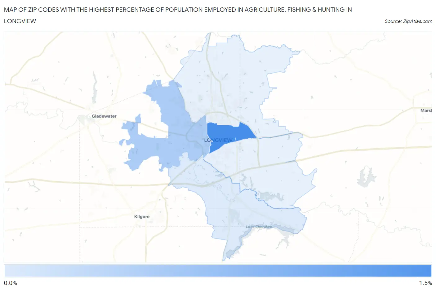 Zip Codes with the Highest Percentage of Population Employed in Agriculture, Fishing & Hunting in Longview Map